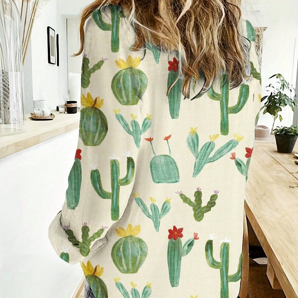Green Casual Women's Cactus Print Long-Sleeve Shirt - Picture 2 of 2
